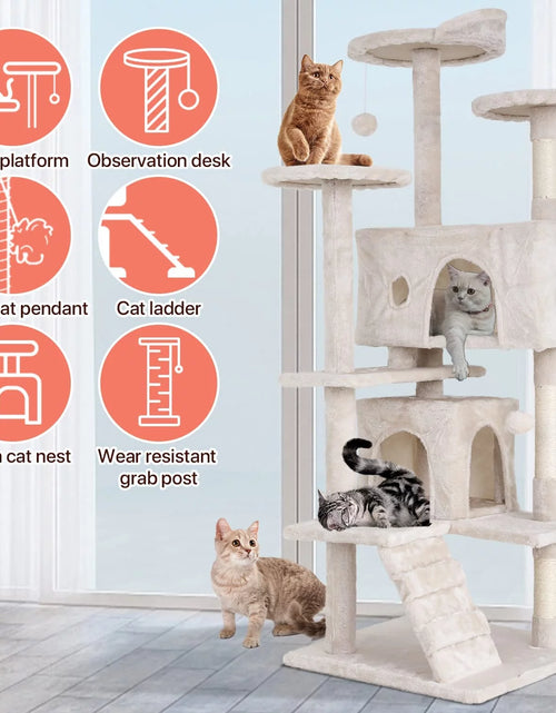 Load image into Gallery viewer, 54-In Double Condo Cat Tree Tower Playhouse with Scratching Post &amp; Perch for Indoor, Beige
