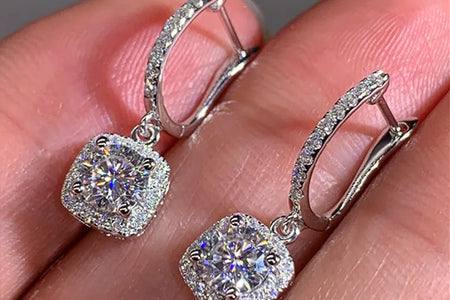 Classical Designer 18K White Gold Plated Square Shape Cubic Zirconia Clip on Earrings for Women Sapphire Crystal Diamond Drop Earrings Dangle Earring Anti-Allergy