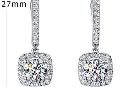 Classical Designer 18K White Gold Plated Square Shape Cubic Zirconia Clip on Earrings for Women Sapphire Crystal Diamond Drop Earrings Dangle Earring Anti-Allergy