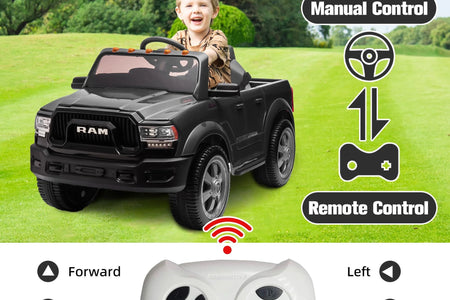 Dodge RAM 2500 Ride on Car for Kids, 12V Powered Ride on Toy with Remote Control, Rear Wheel Suspension, 5 Point Safety Harness, Bluetooth, LED Lights, Electric Vehicles for 3-6 Year Boys, Black