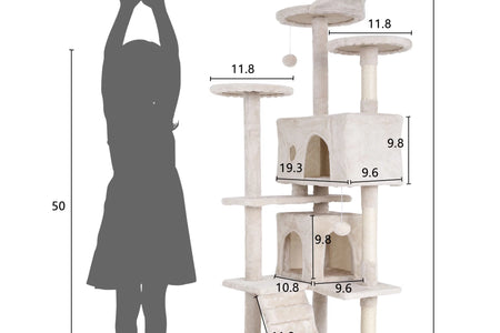 54-In Double Condo Cat Tree Tower Playhouse with Scratching Post & Perch for Indoor, Beige