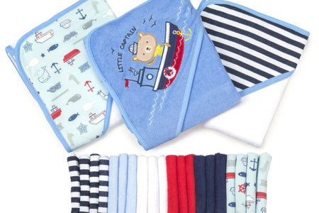 Bath Hooded Towels & Washcloths Set for Babies, 23-Piece Gift Set, Navy Nautical