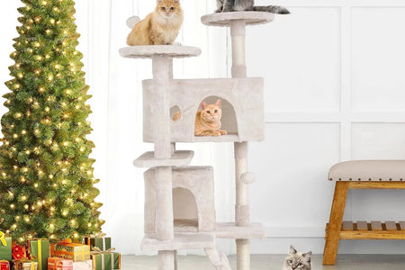 54-In Double Condo Cat Tree Tower Playhouse with Scratching Post & Perch for Indoor, Beige