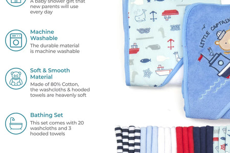 Bath Hooded Towels & Washcloths Set for Babies, 23-Piece Gift Set, Navy Nautical